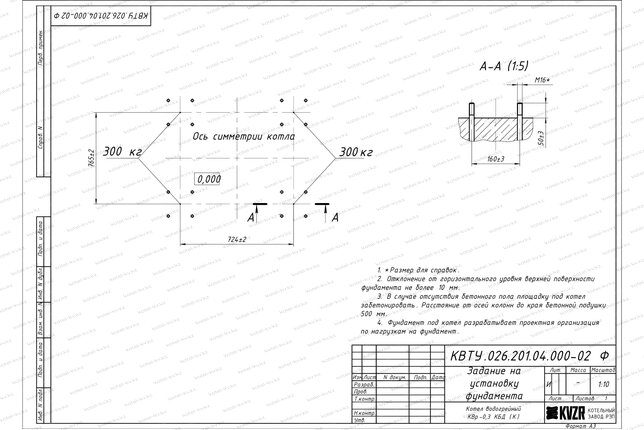 Фундамент котла 0.3 МВт уголь дрова чертеж